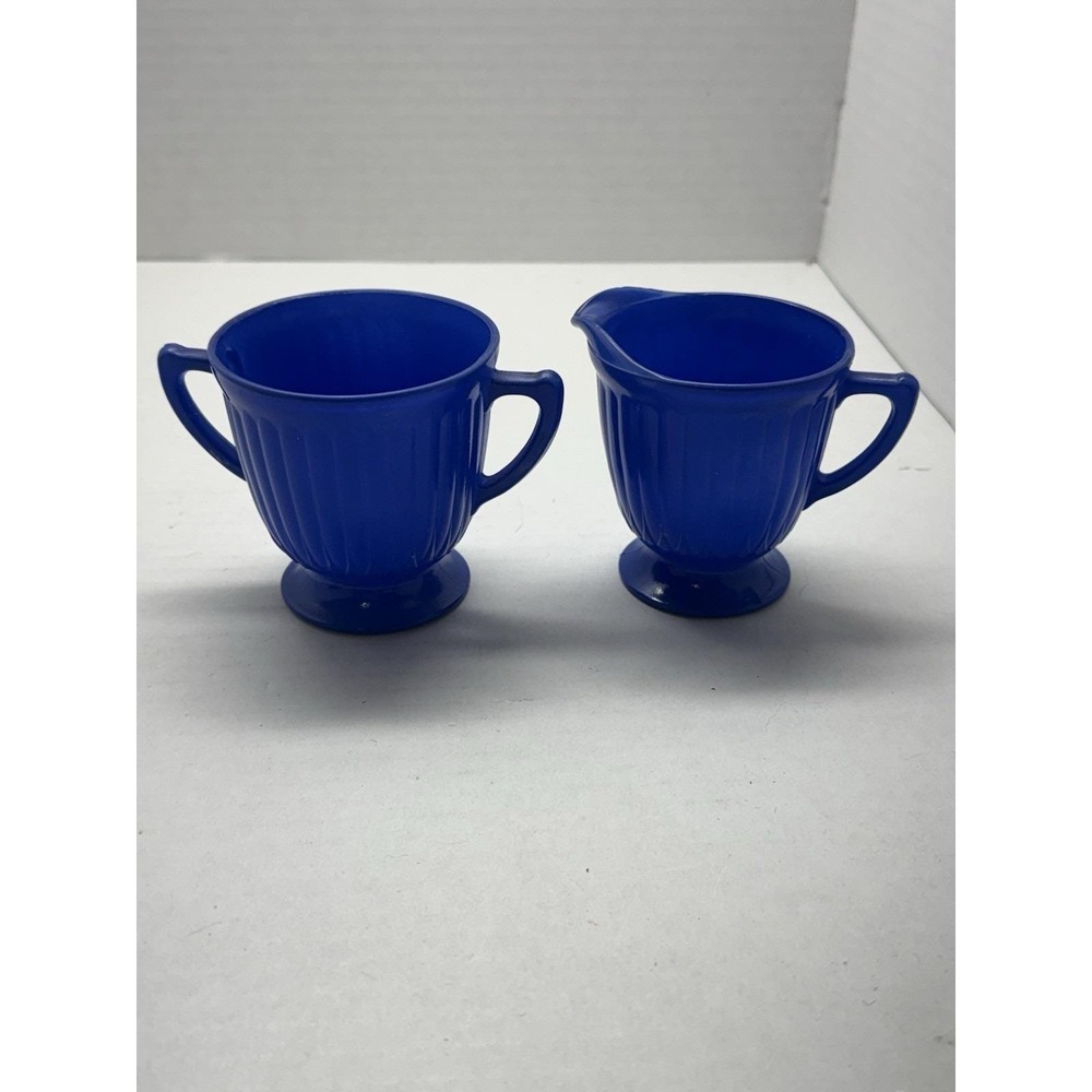 RARE Macbeth Evans Petalware Fired On Blue Creamer And Sugar Depression Glass